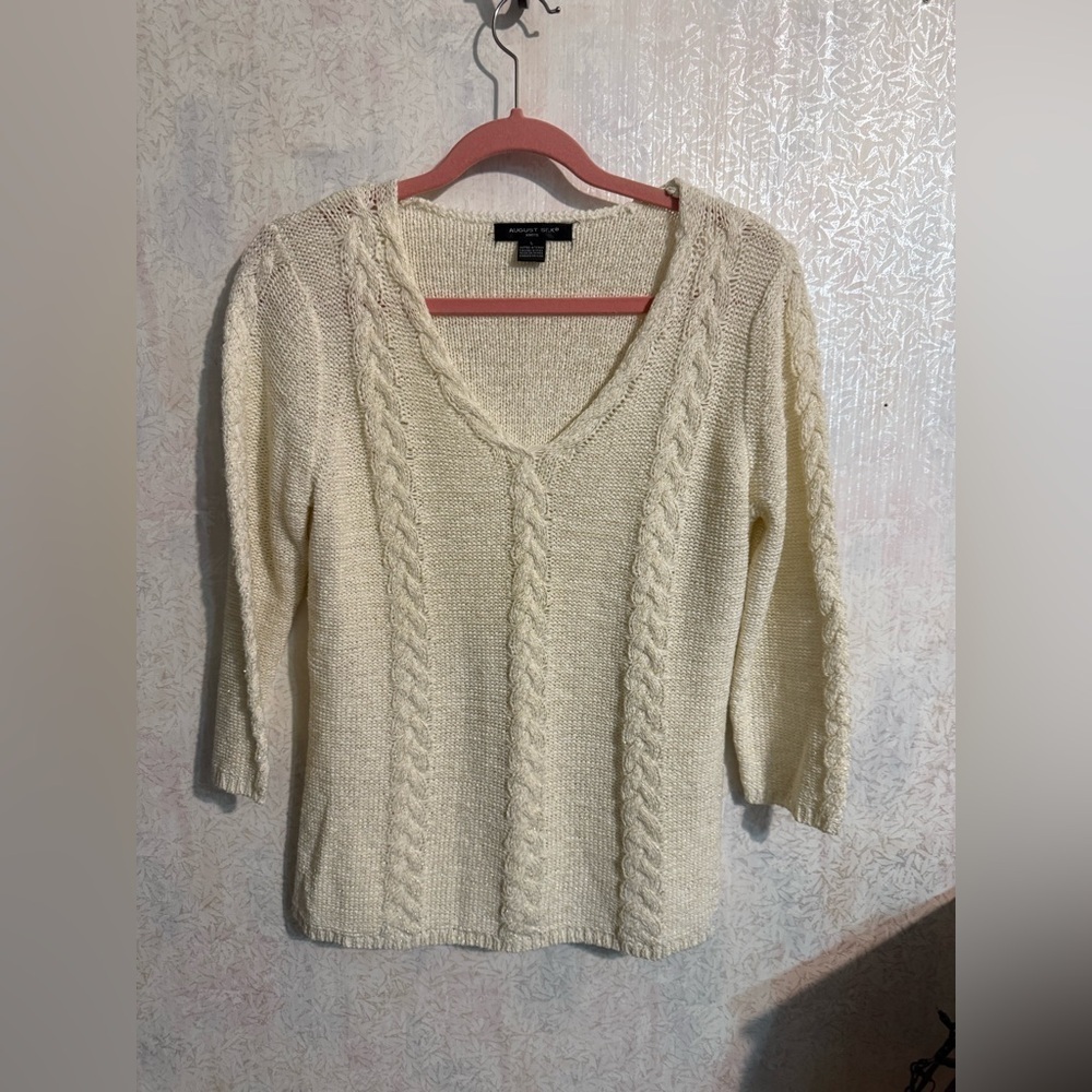 August Silk Cream With Gold V-Neck Cable Knit Sweater, Sz Lg, Beautiful